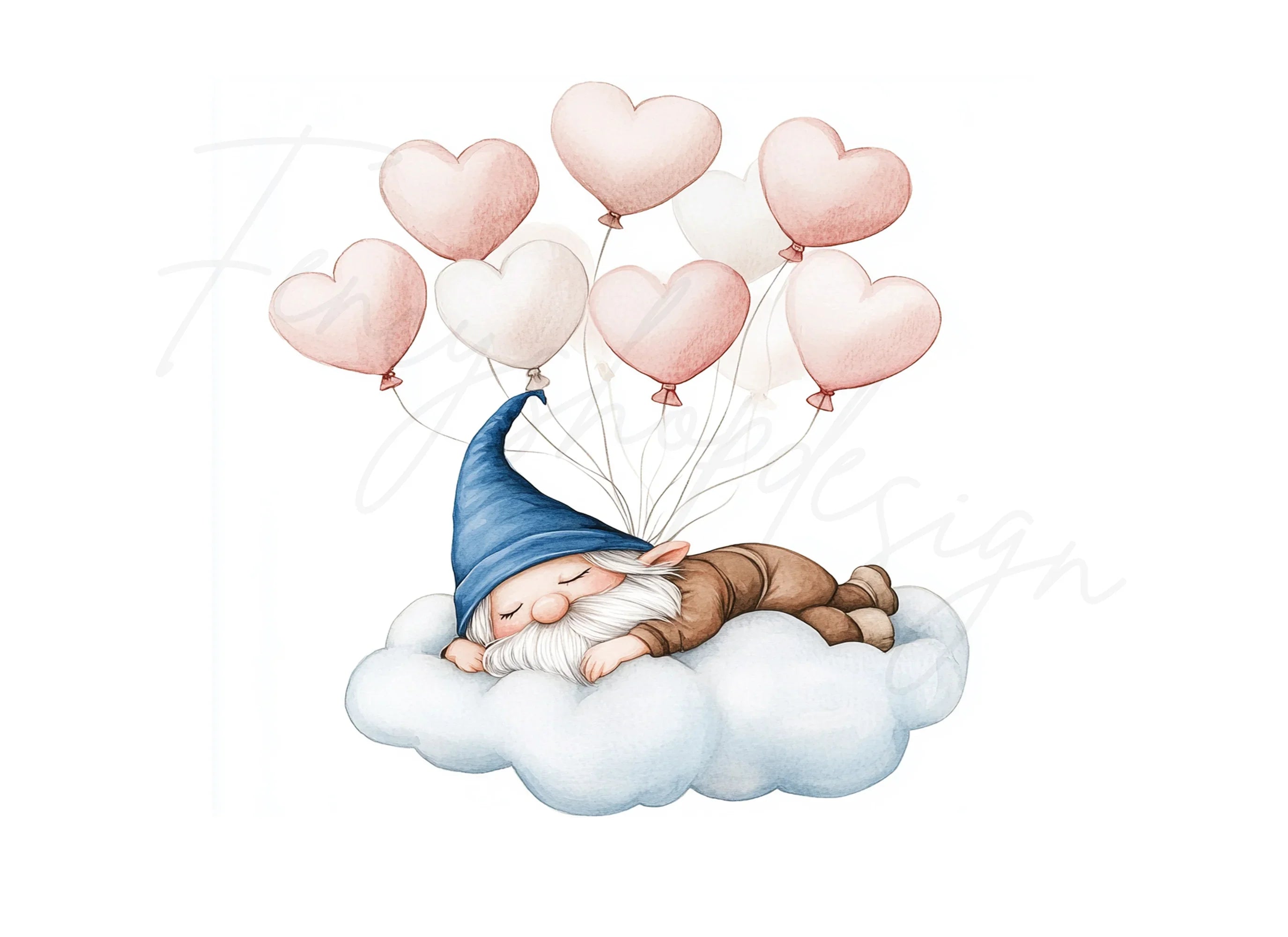 Sleeping Gnome on Cloud with Balloons Clipart Bundle