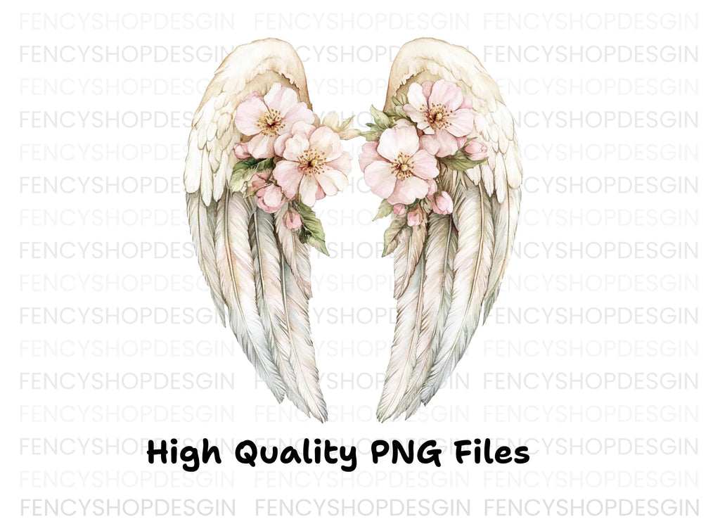 White Feathered Angel Wings with Flowers Clipart Bundle