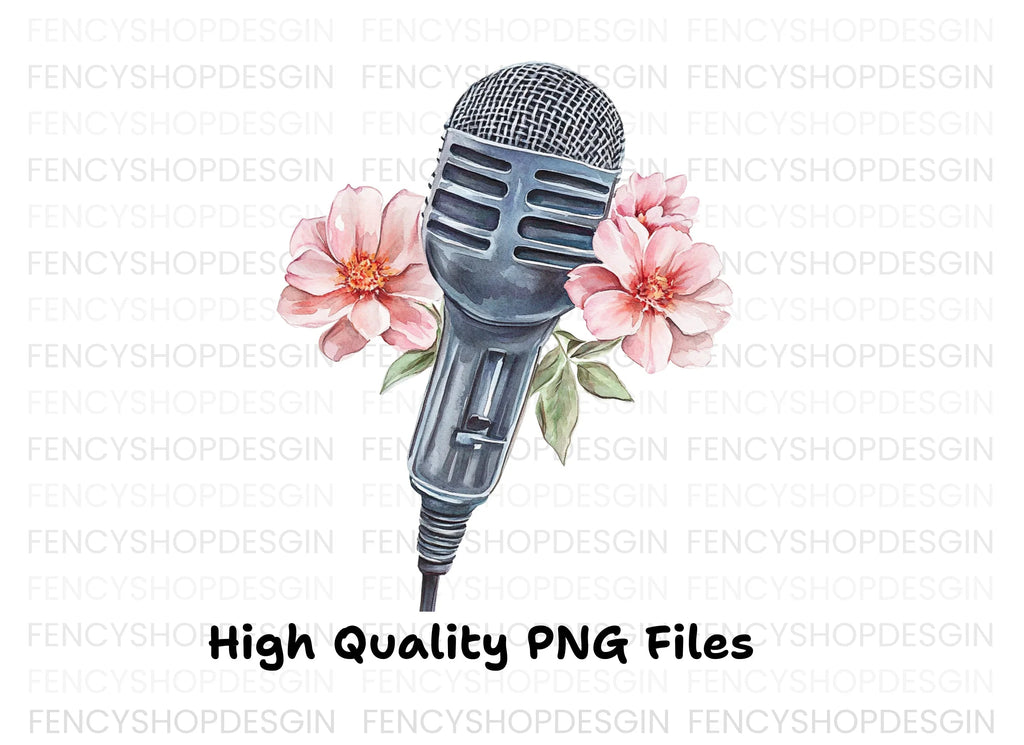 Vintage Microphone with Pink Flowers Clipart Bundle