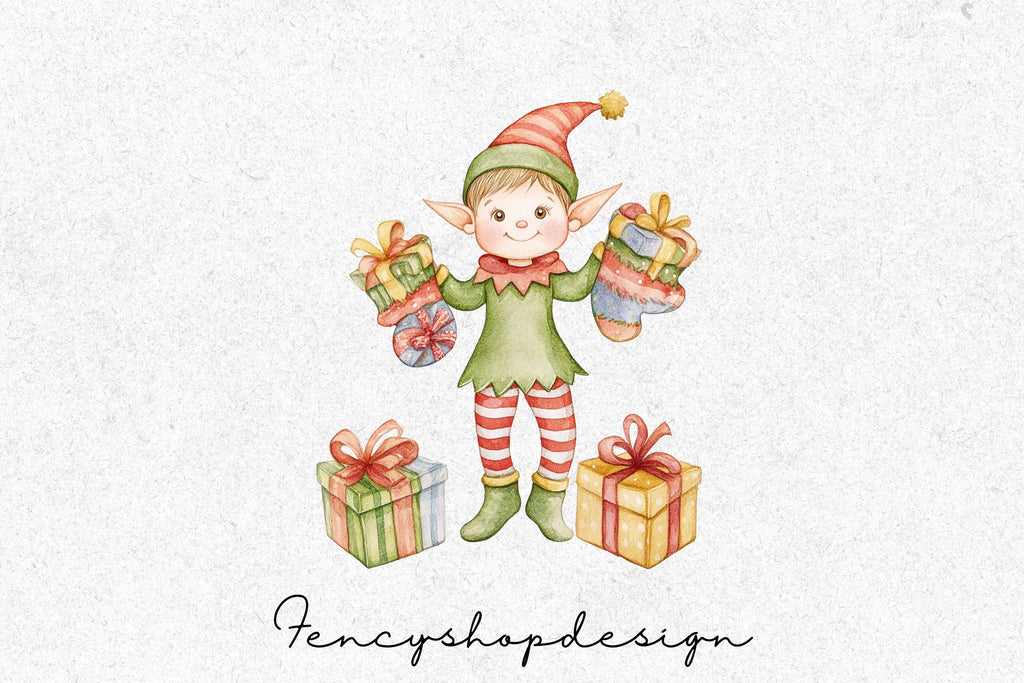 Cute Christmas Elves with Gifts Clipart Bundle