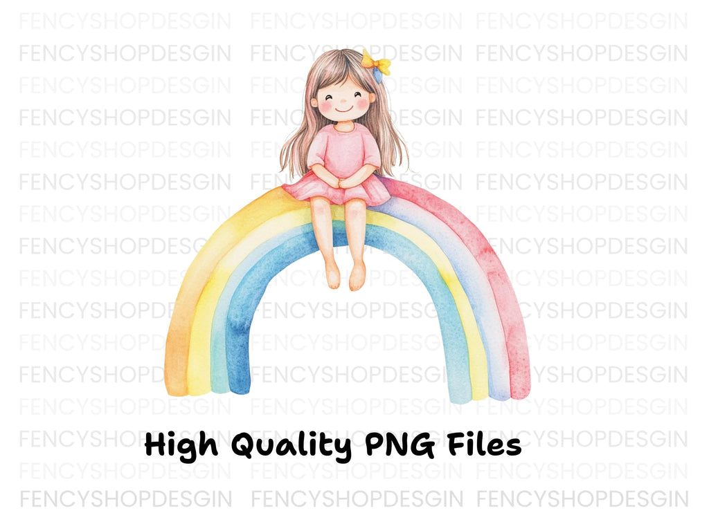 Cute Girls Sitting on Rainbows Clipart Bundle