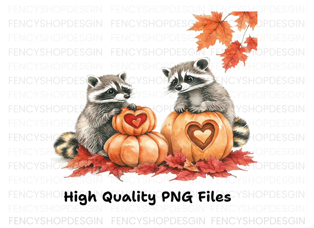 Autumn Raccoons with Pumpkin Clipart Bundle
