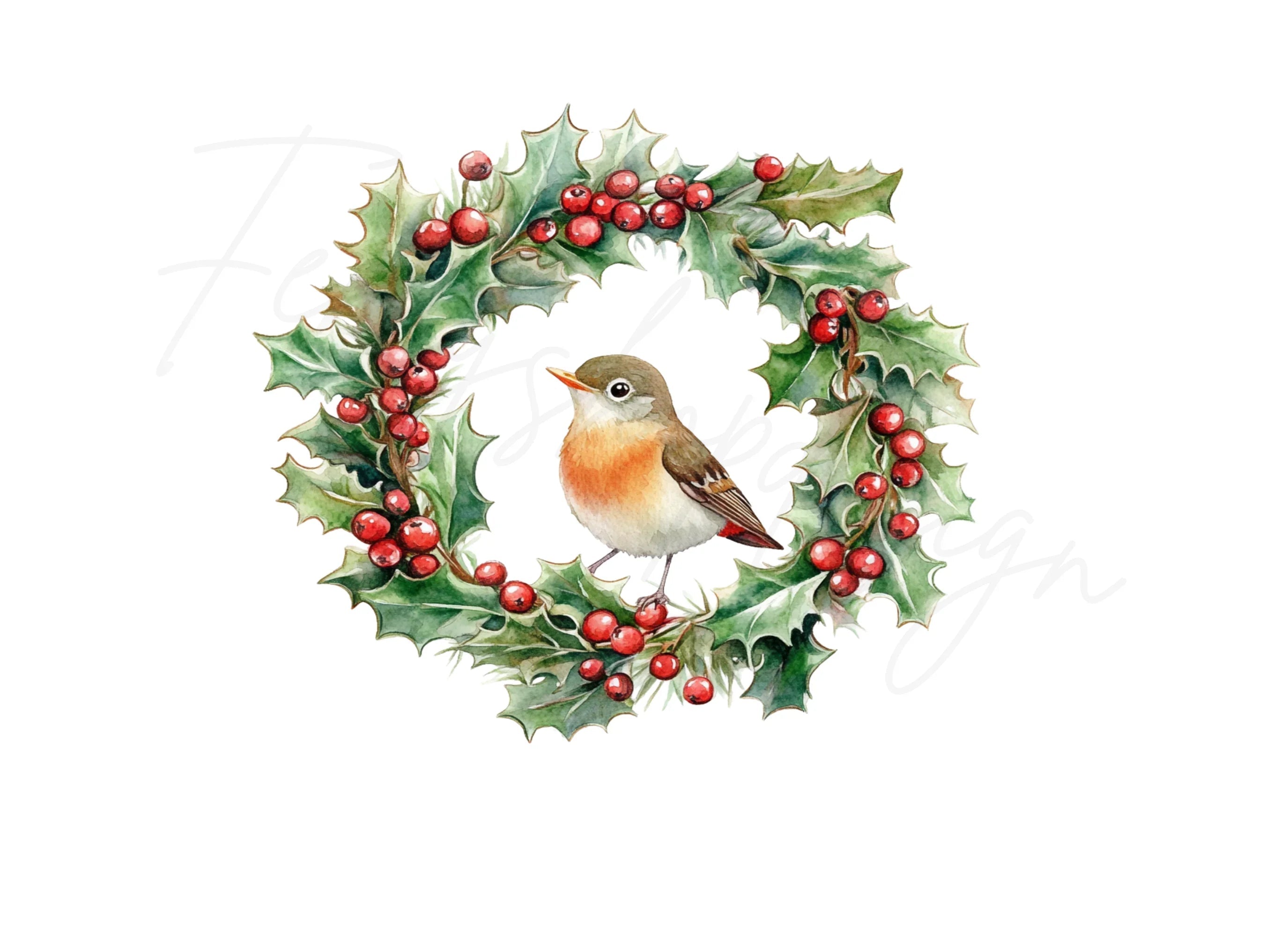 Christmas Holly Wreaths with Birds Clipart Bundle