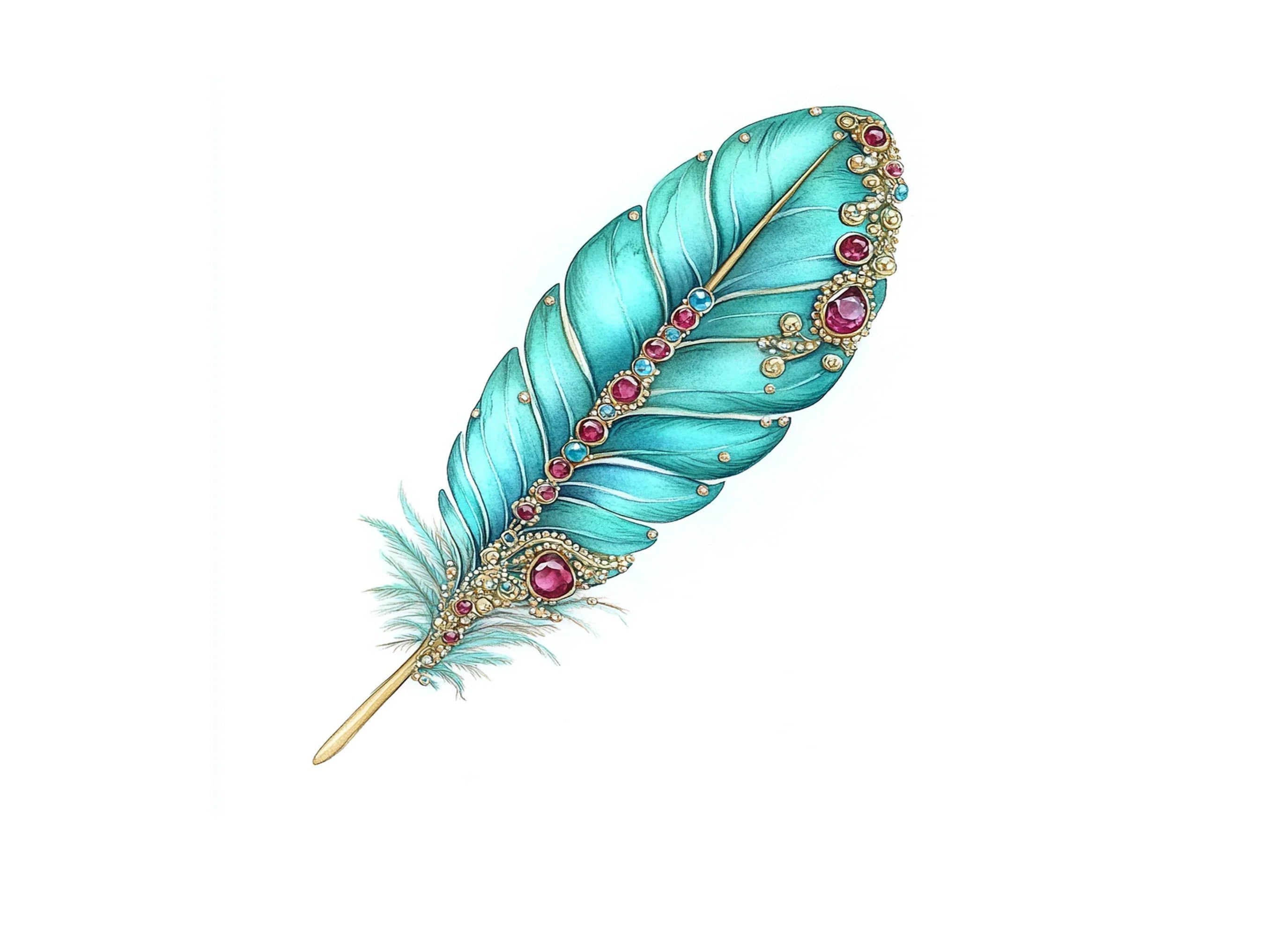 Vibrant Teal Jeweled Feather Clipart Bundle