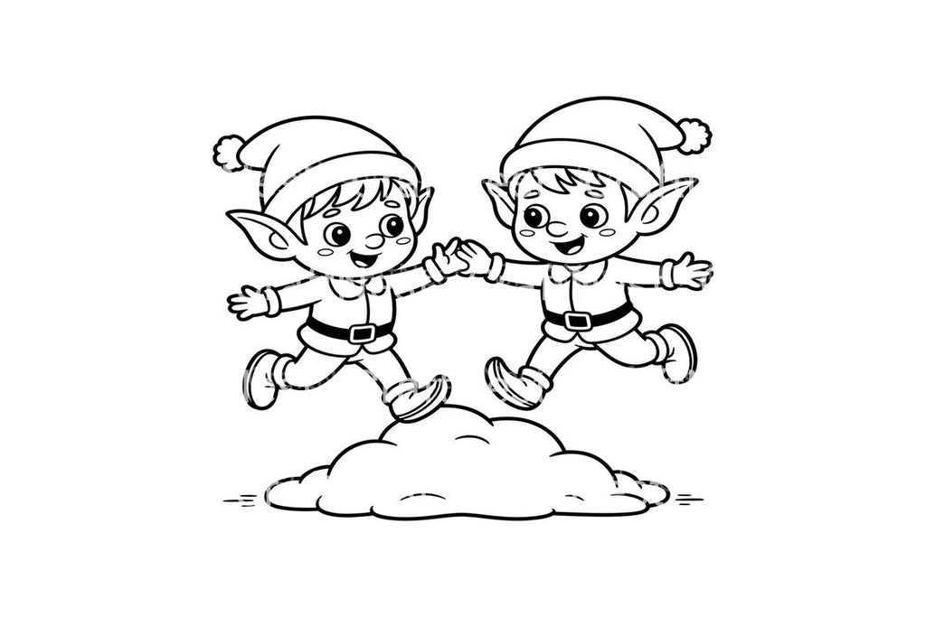 Playful Elves Jumping in Snow Coloring Books
