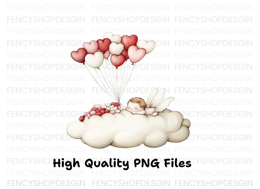 Cute Valentine Cupid with Heart Balloons Clipart Bundle