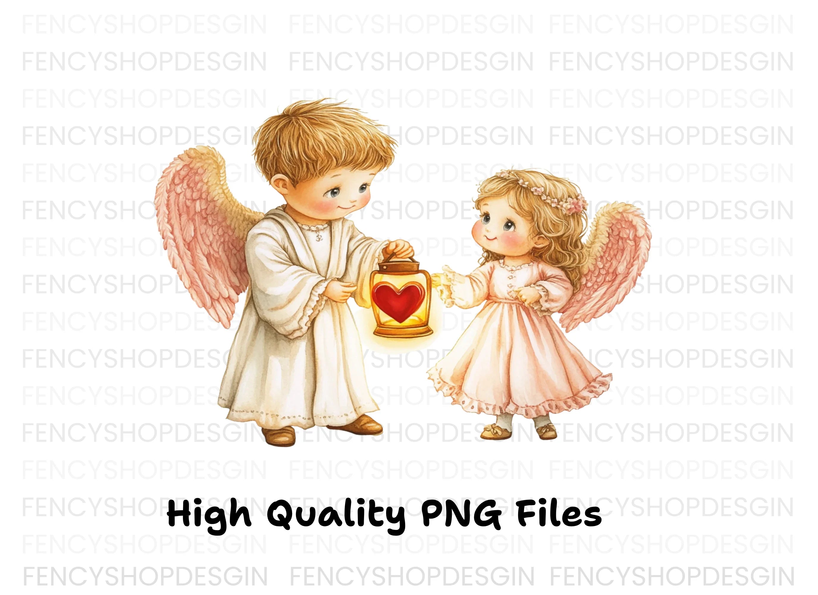 Cute Angel with Heart Lanterns Clipart Bundle