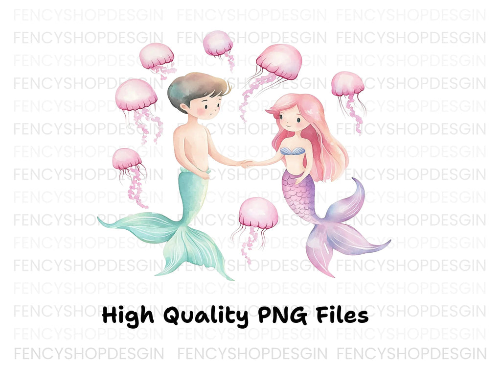 Adorable Mermaid Couple with Jellyfish Clipart Bundle