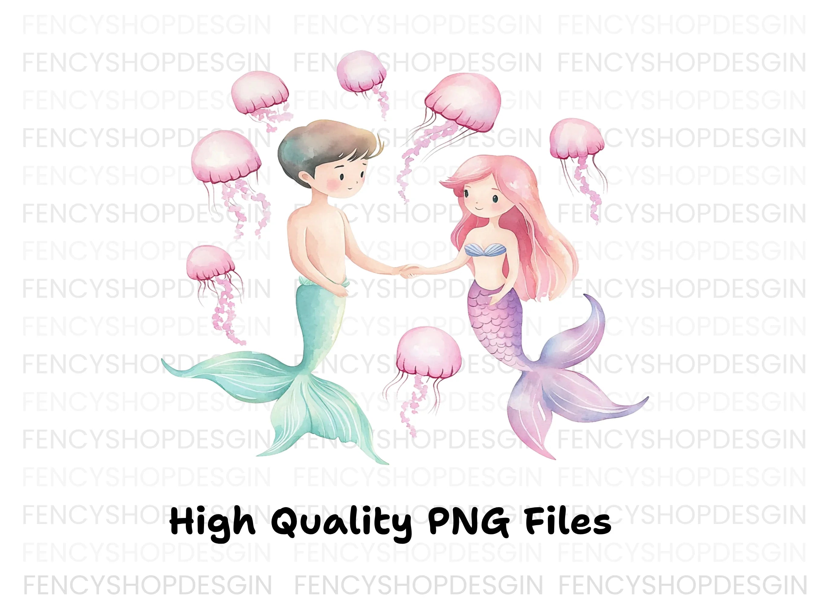 Adorable Mermaid Couple with Jellyfish Clipart Bundle