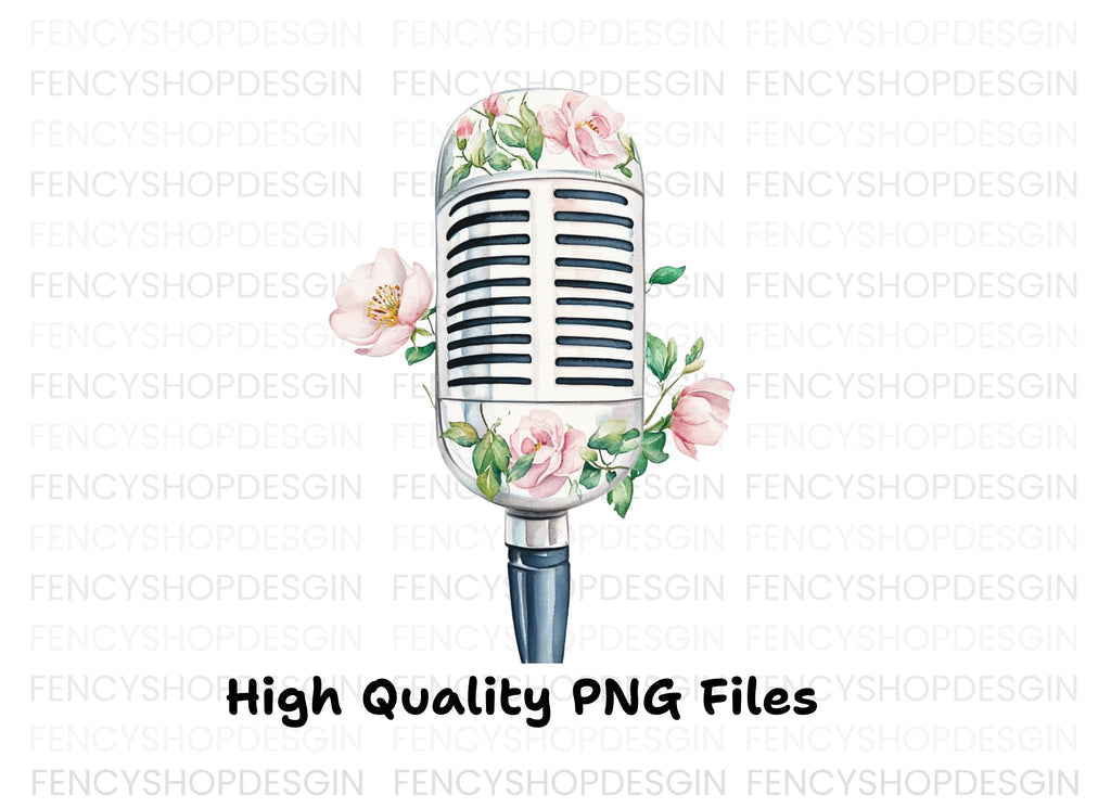 Vintage Microphones with Pink Flowers Clipart Bundle