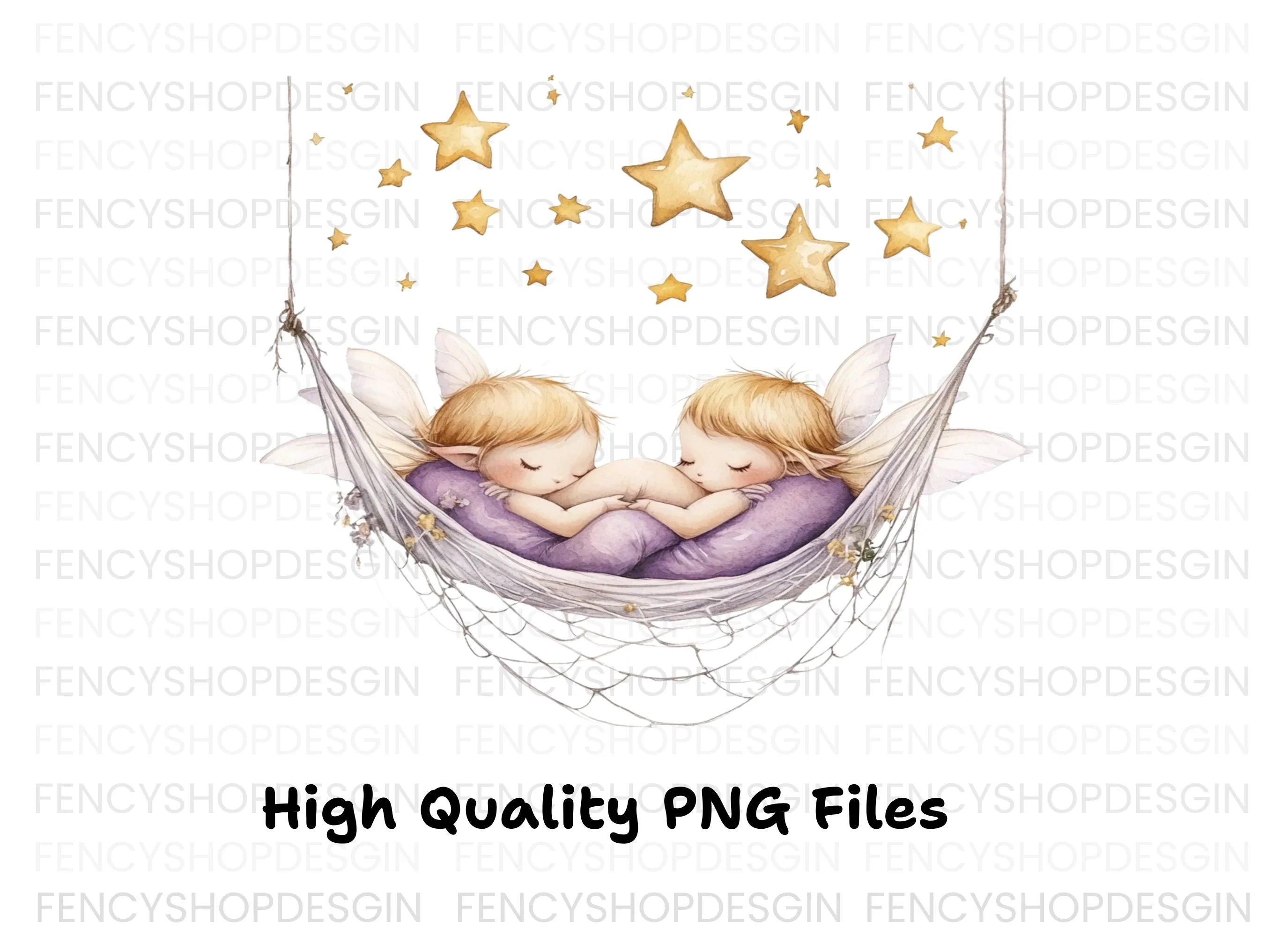 Sleeping Baby Fairies in Hammock Clipart Bundle