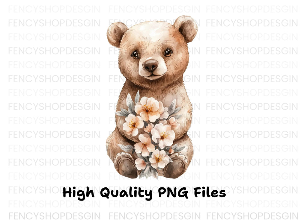 Sweet Baby Bear Holding Flowers Clipart Bundle