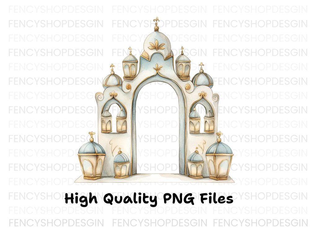 Ornate Islamic Arch with Lanterns Clipart Bundle