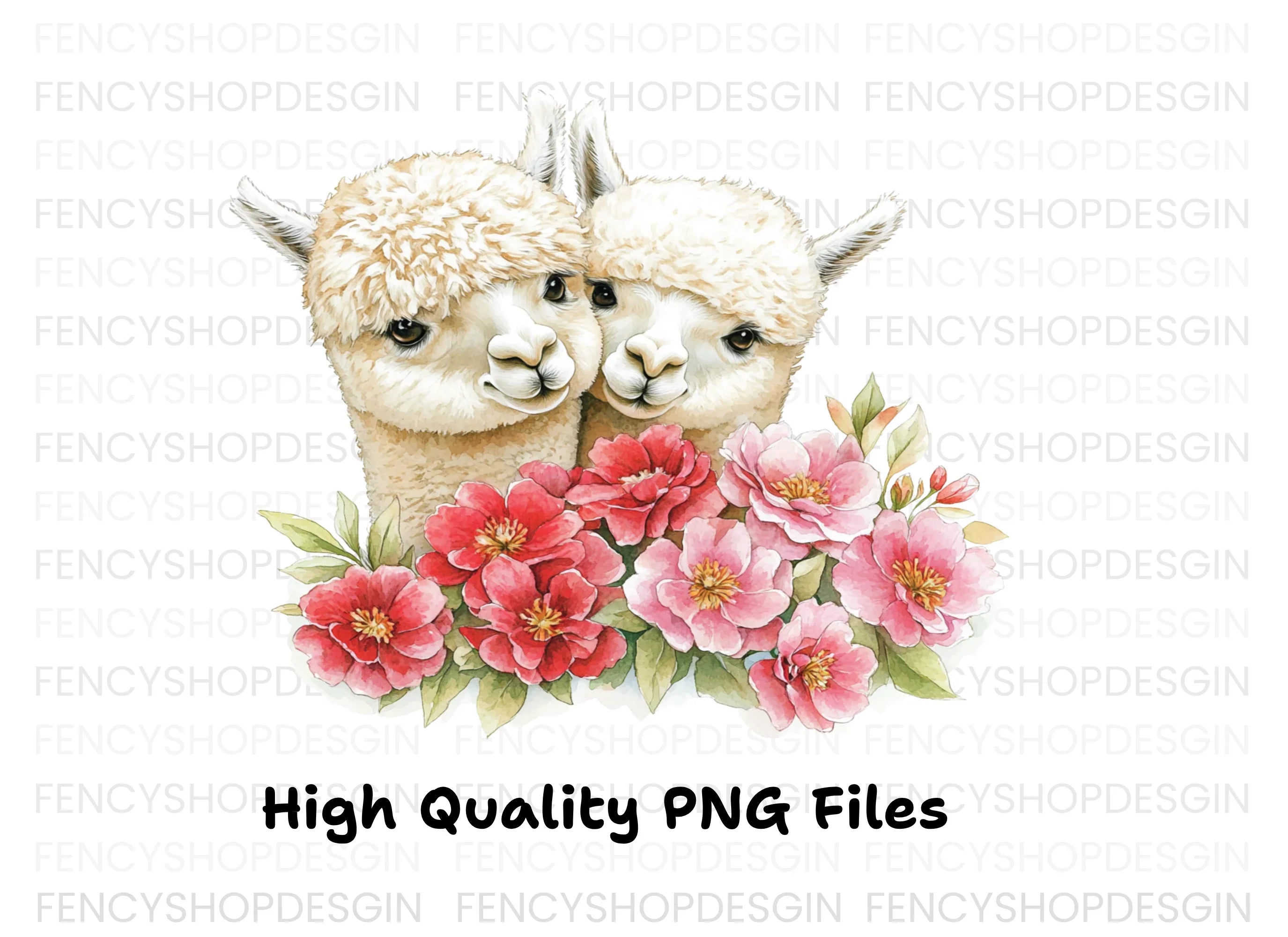 Cute Alpaca Couple with Pink Flowers Clipart Bundle