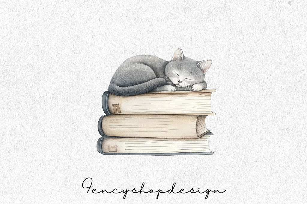 Cute Cats Sleeping on Books Clipart Bundle