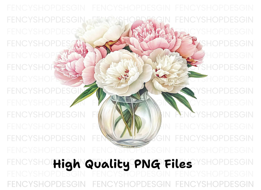 Pink and White Peonies in Glass Vases Clipart Bundle