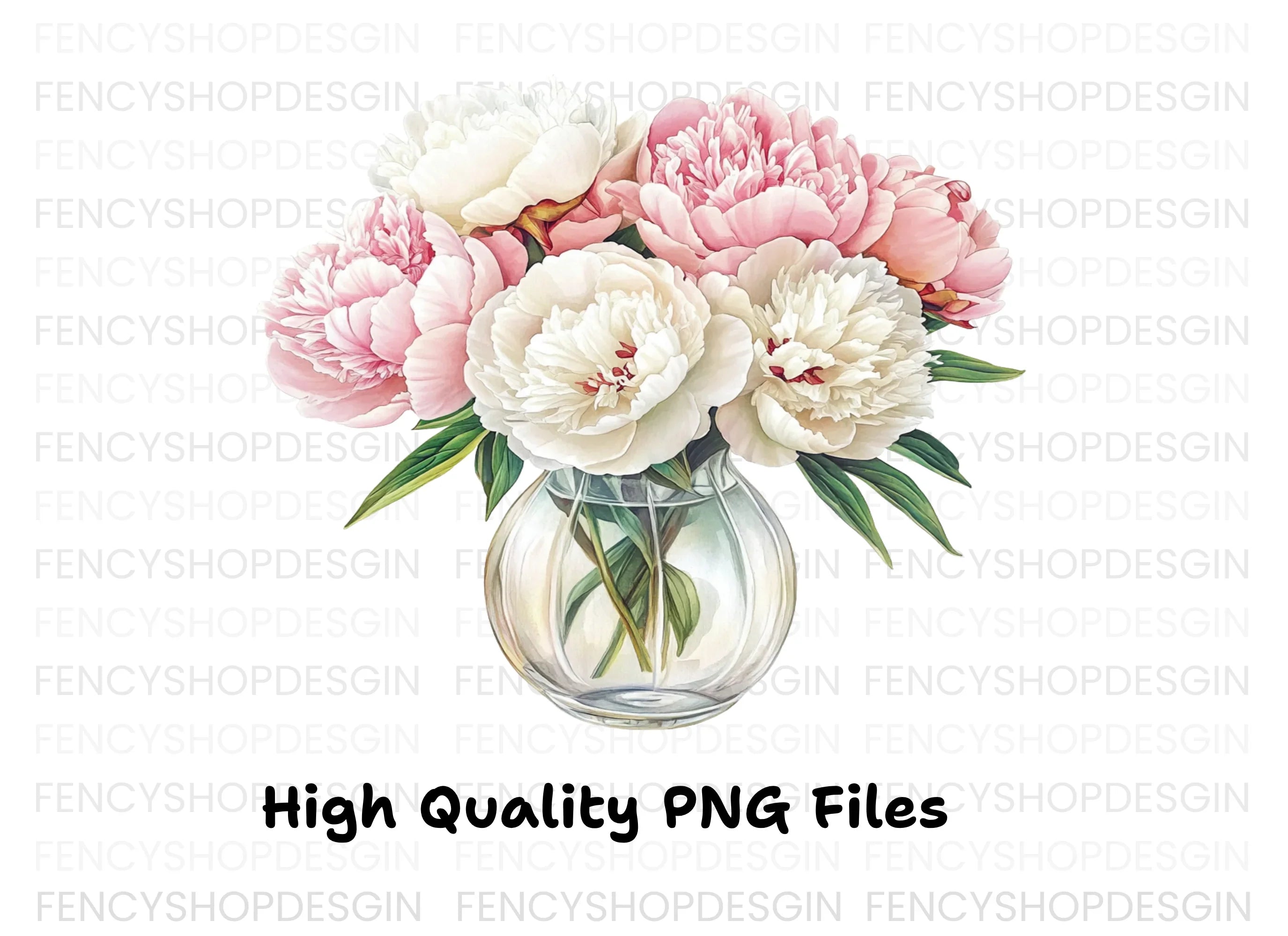 Pink and White Peonies in Glass Vases Clipart Bundle