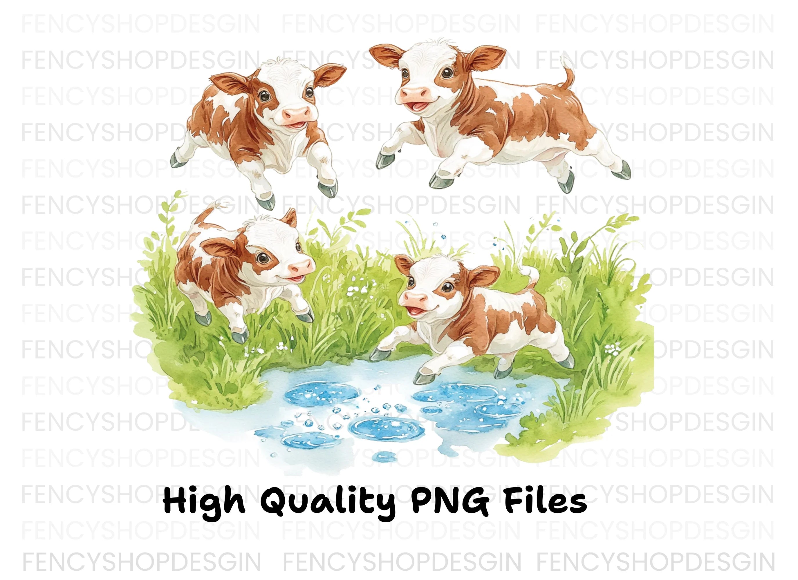 Playful Calves in Water Clipart Bundle