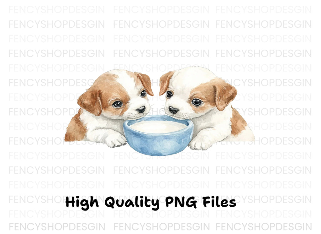 Adorable Puppy Pairs Drinking Milk Clipart Bundle
