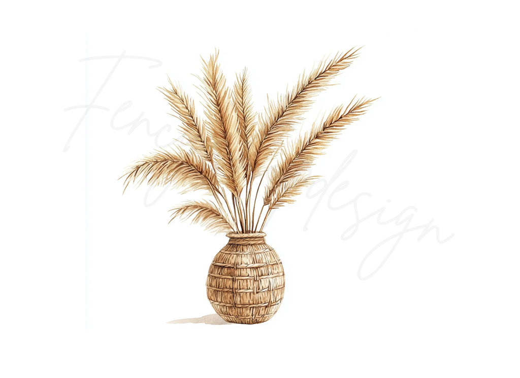Pampas Grass in Woven Vases Clipart Bundle