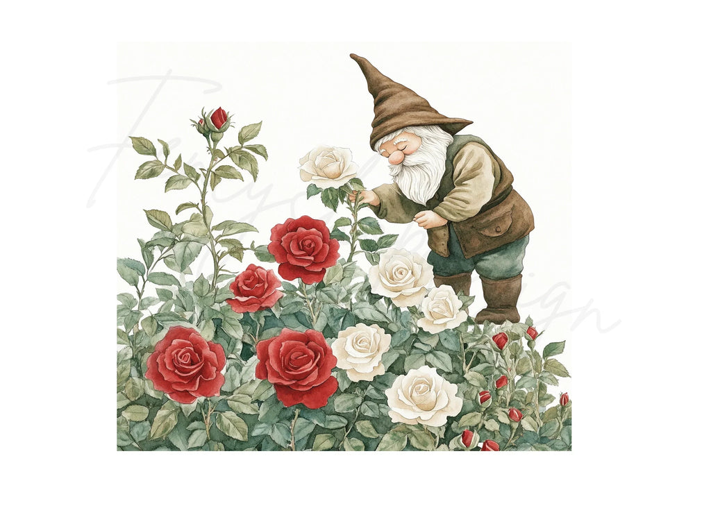 Garden Gnomes with Red and White Roses Clipart Bundle