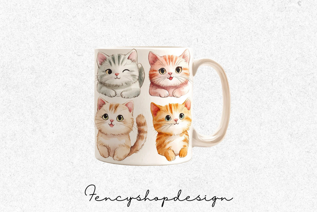 Cute Cats in Mugs Clipart Bundle