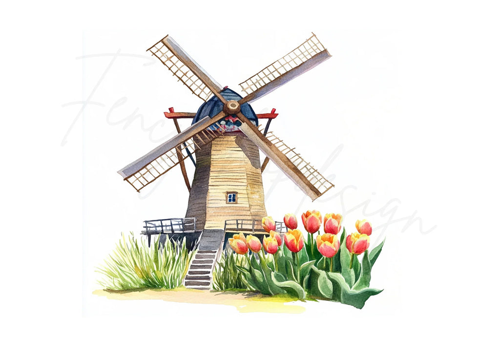 Rustic Windmill and Tulip Field Clipart Bundle