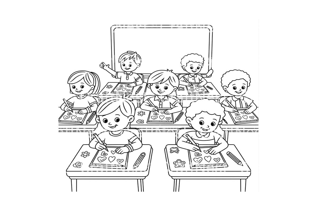 School Kids Learning Coloring Books