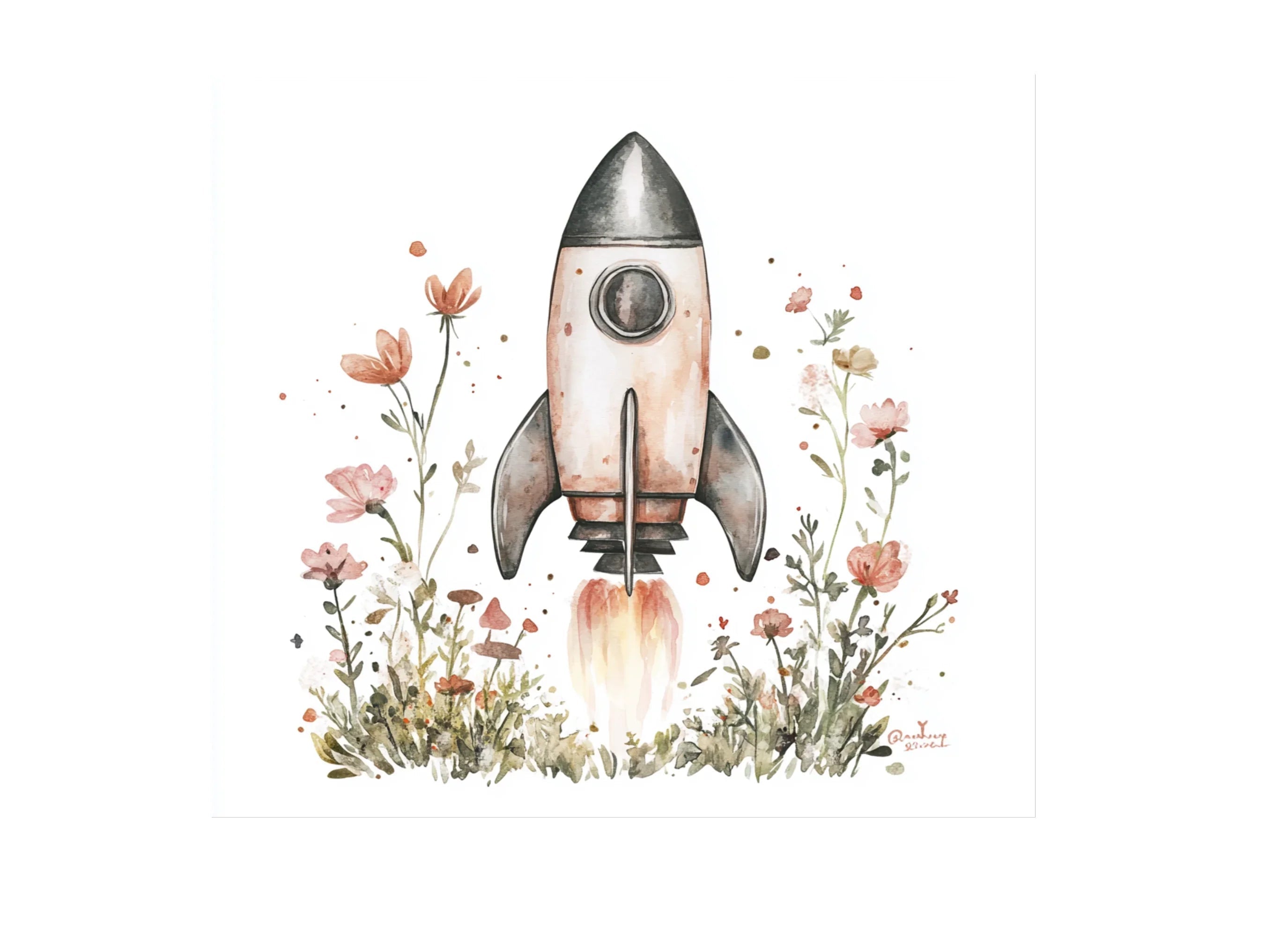 Whimsical Rocket with Flowers Clipart Bundle