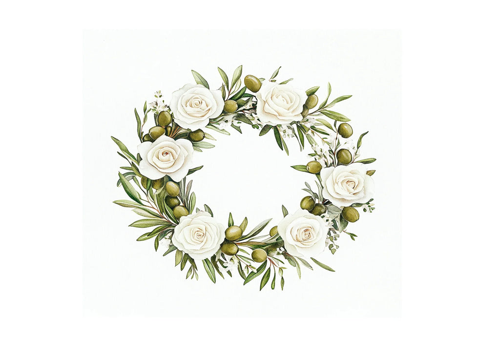 White Rose Olive Wreath Clipart Bundle