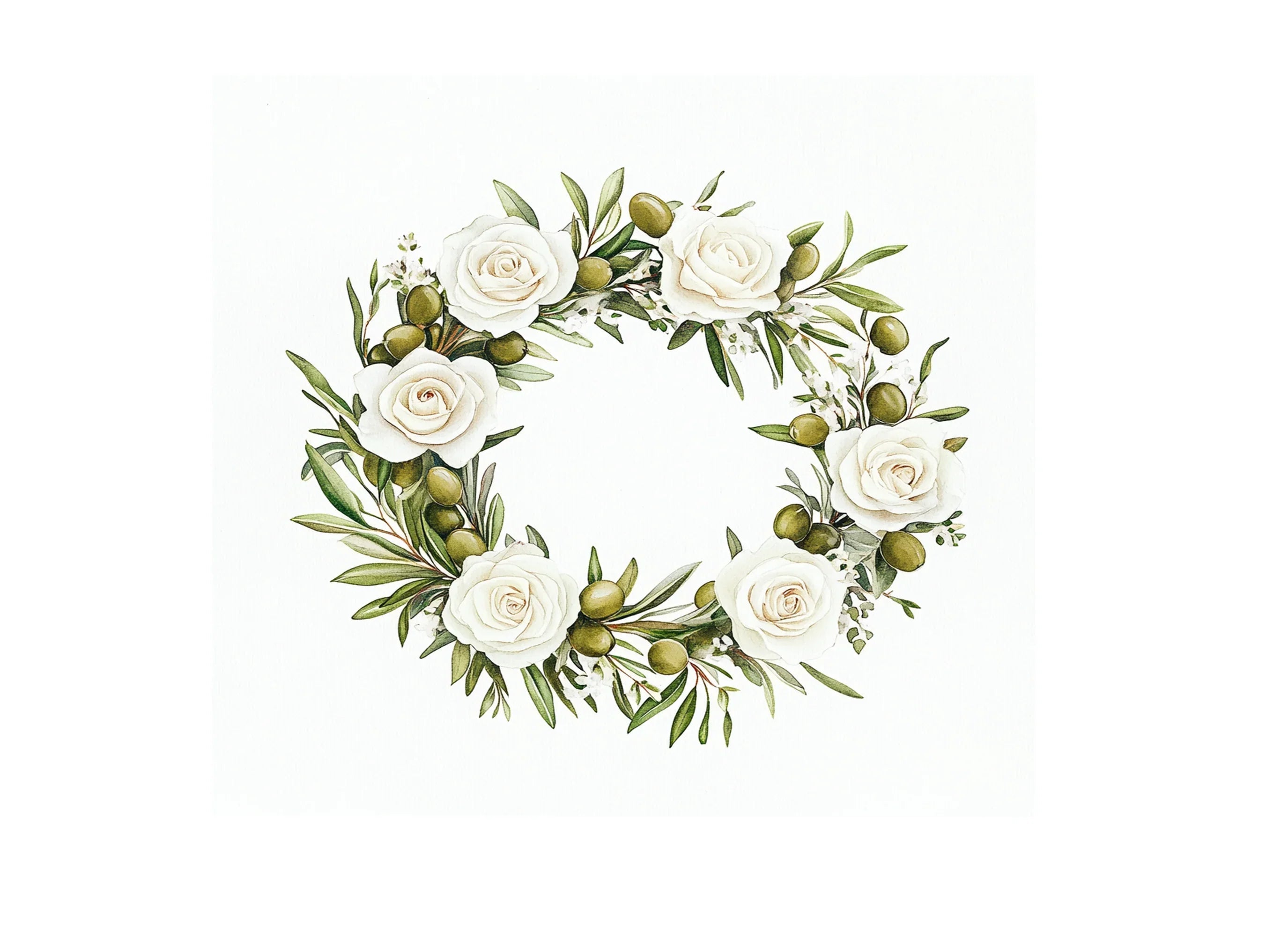 White Rose Olive Wreath Clipart Bundle