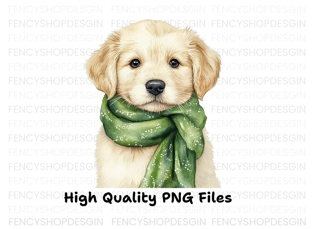 Golden Retriever Puppy with Green Scarf Clipart Bundle