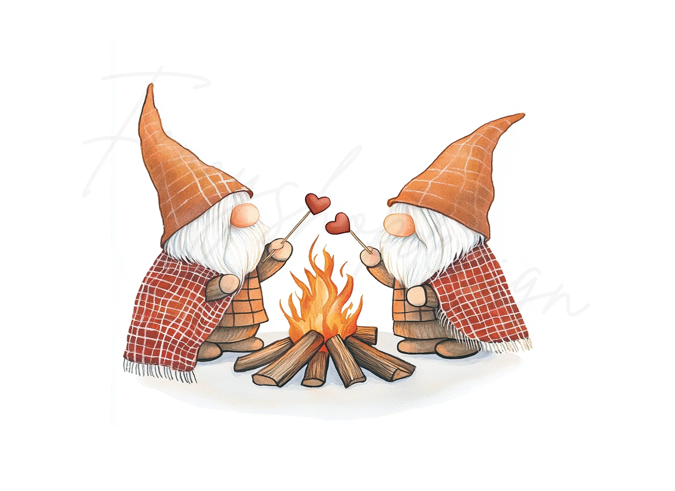 Gnomes by Campfire with Hearts Clipart Bundle
