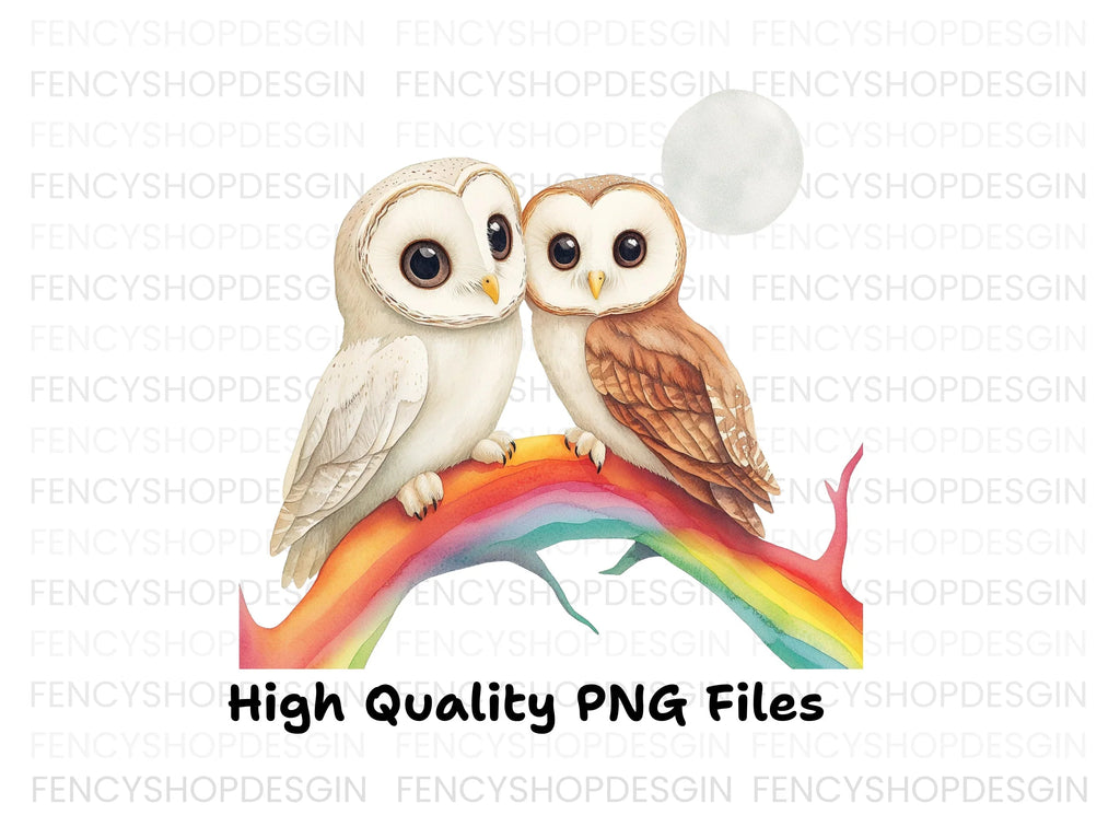 Cute Owl Couple on Rainbow Branch Clipart Bundle