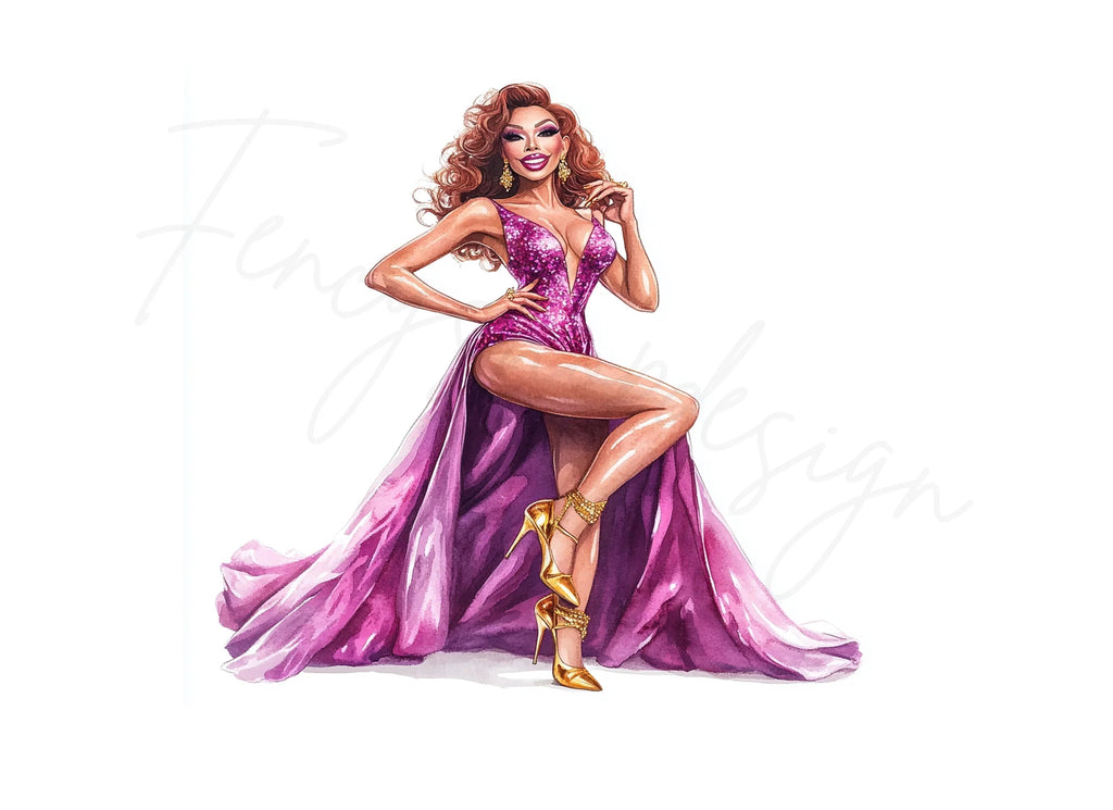 Glamorous Diva in Pink Gown Clipart Bundle