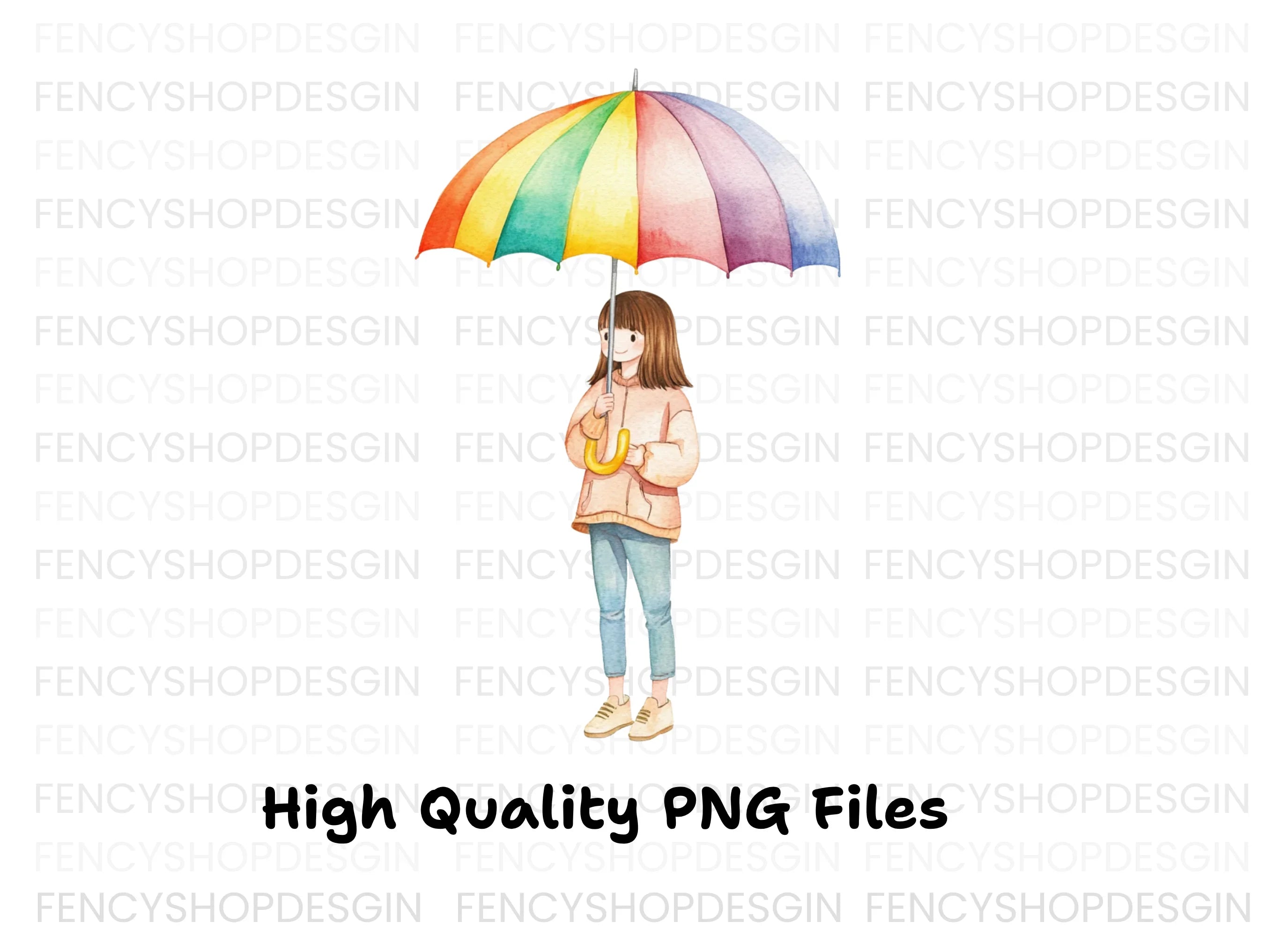Girls with Rainbow Umbrellas Clipart Bundle