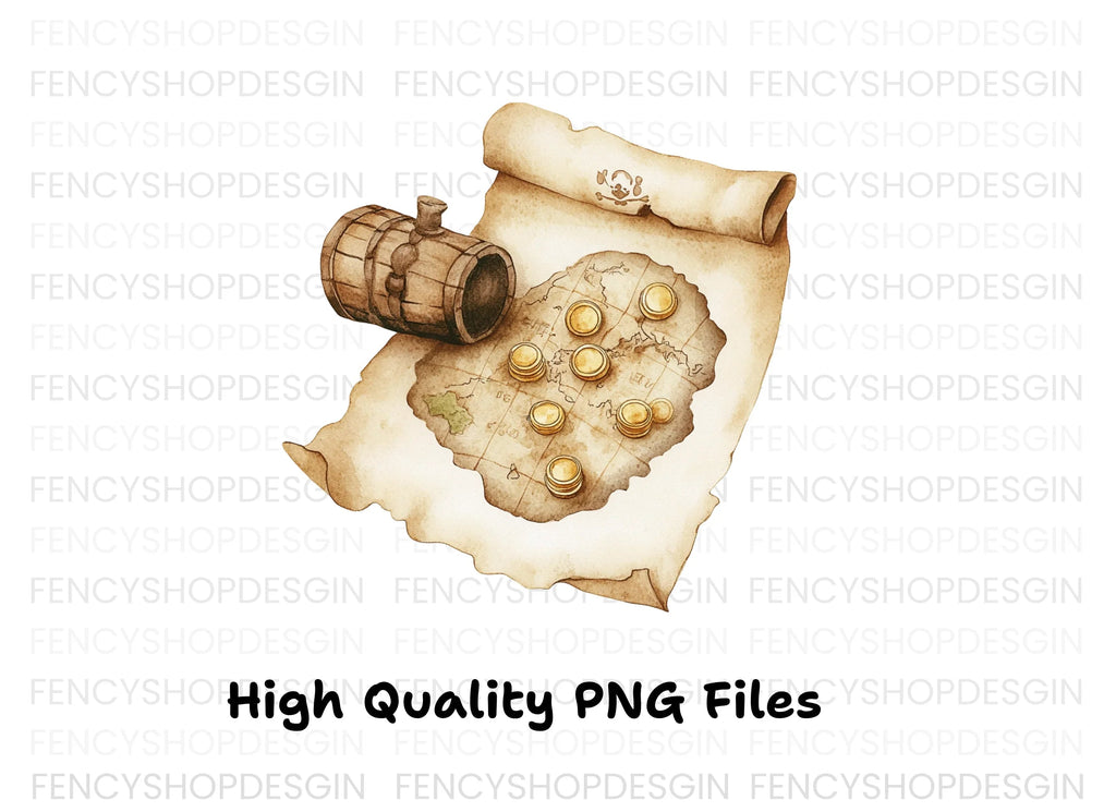 Pirate Treasure Map and Barrel Clipart Bundle