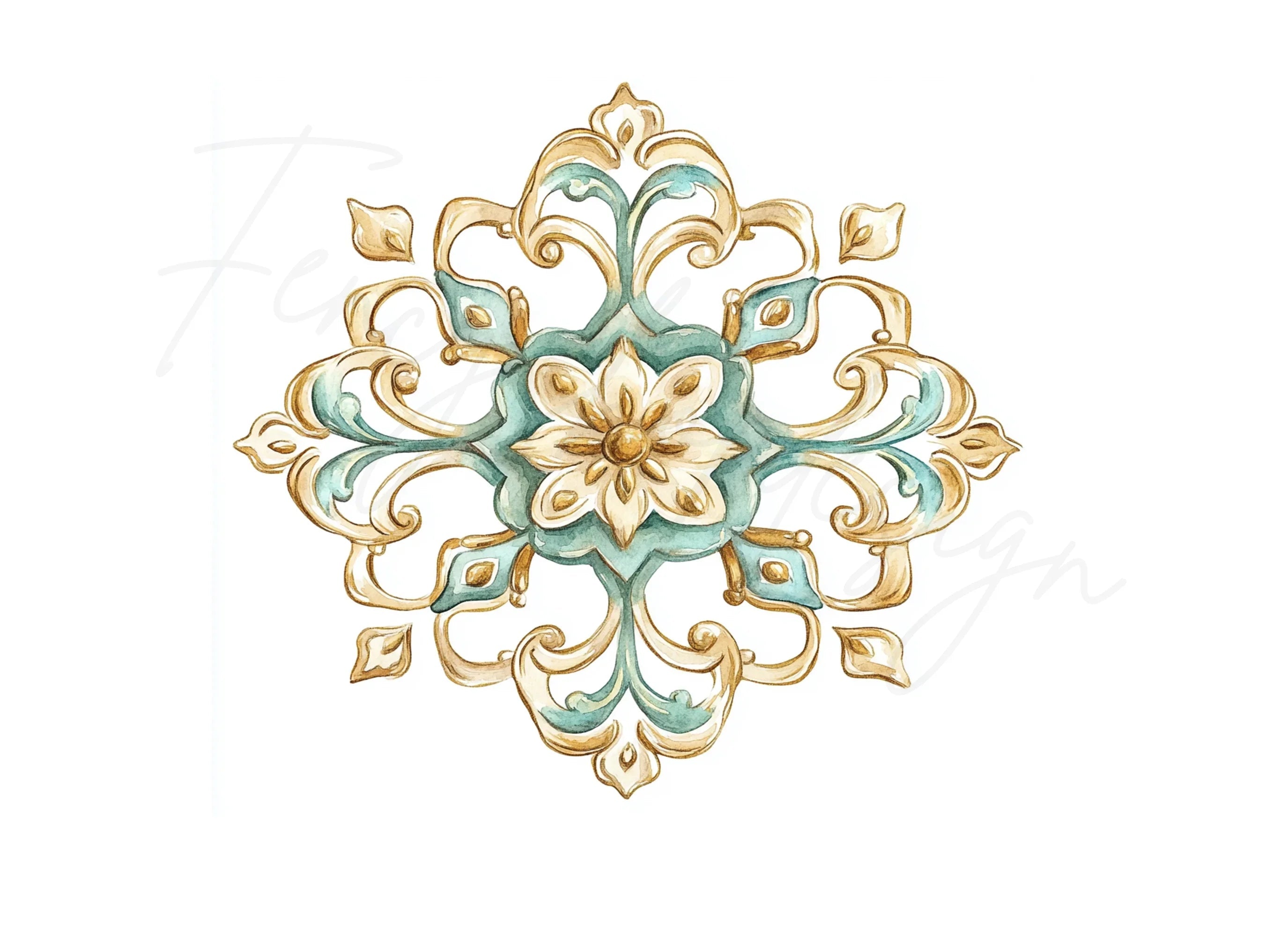 Ornate Gold Teal Decorative Patterns Clipart Bundle