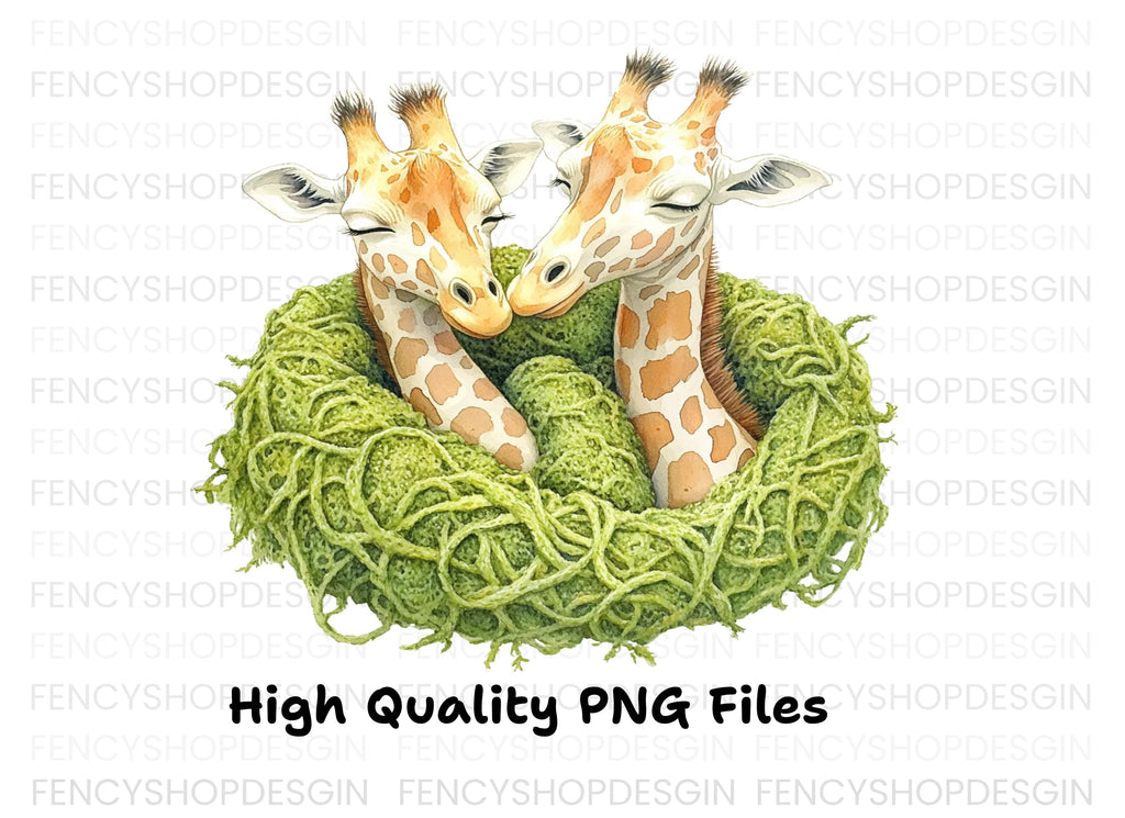 Cute Giraffe Couples in Moss Nests Clipart Bundle