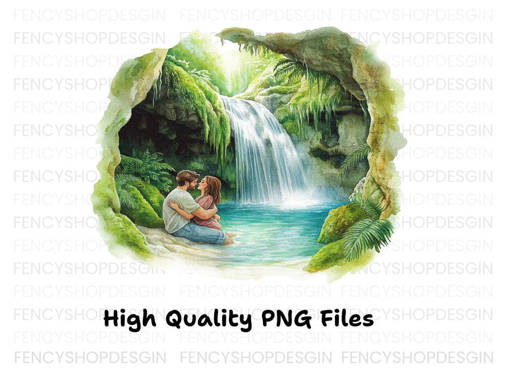 Romantic Couple Jungle Waterfall Clipart Bundle