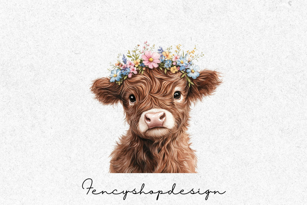 Adorable Highland Cows with Flowers Clipart Bundle