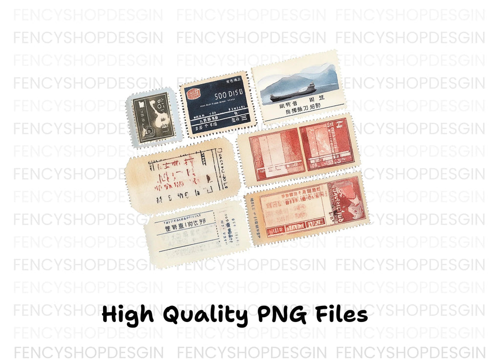 Vintage Asian Postage Stamps Clipart Bundle