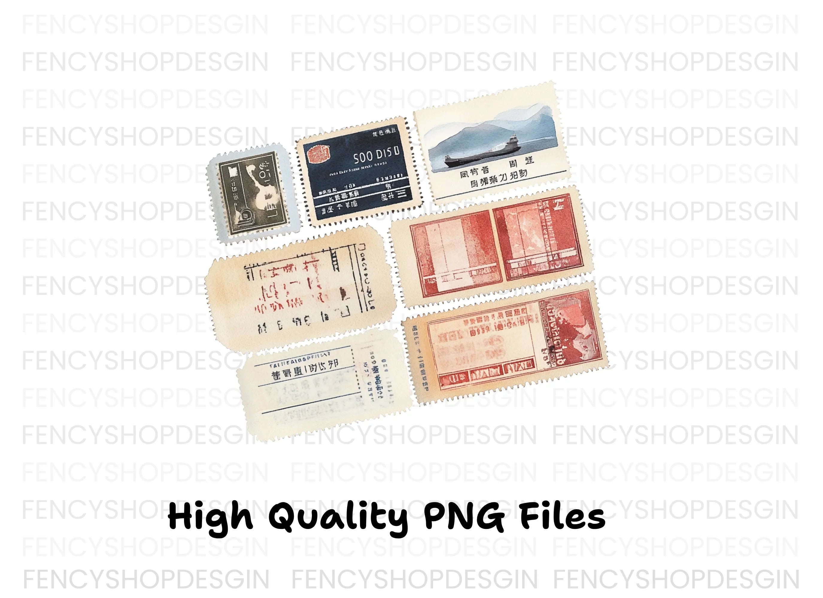 Vintage Asian Postage Stamps Clipart Bundle