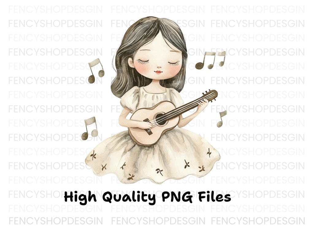 Girl Playing Ukulele with Music Notes Clipart Bundle