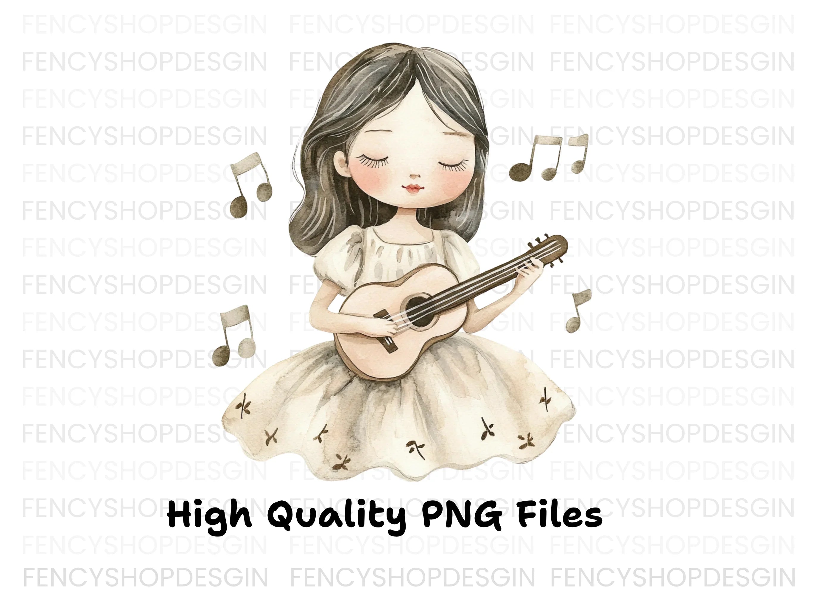 Girl Playing Ukulele with Music Notes Clipart Bundle