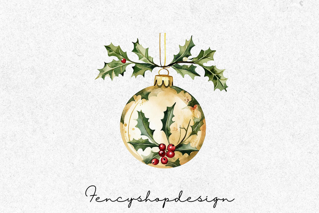 Golden Christmas Ornaments Holly Clipart Bundle