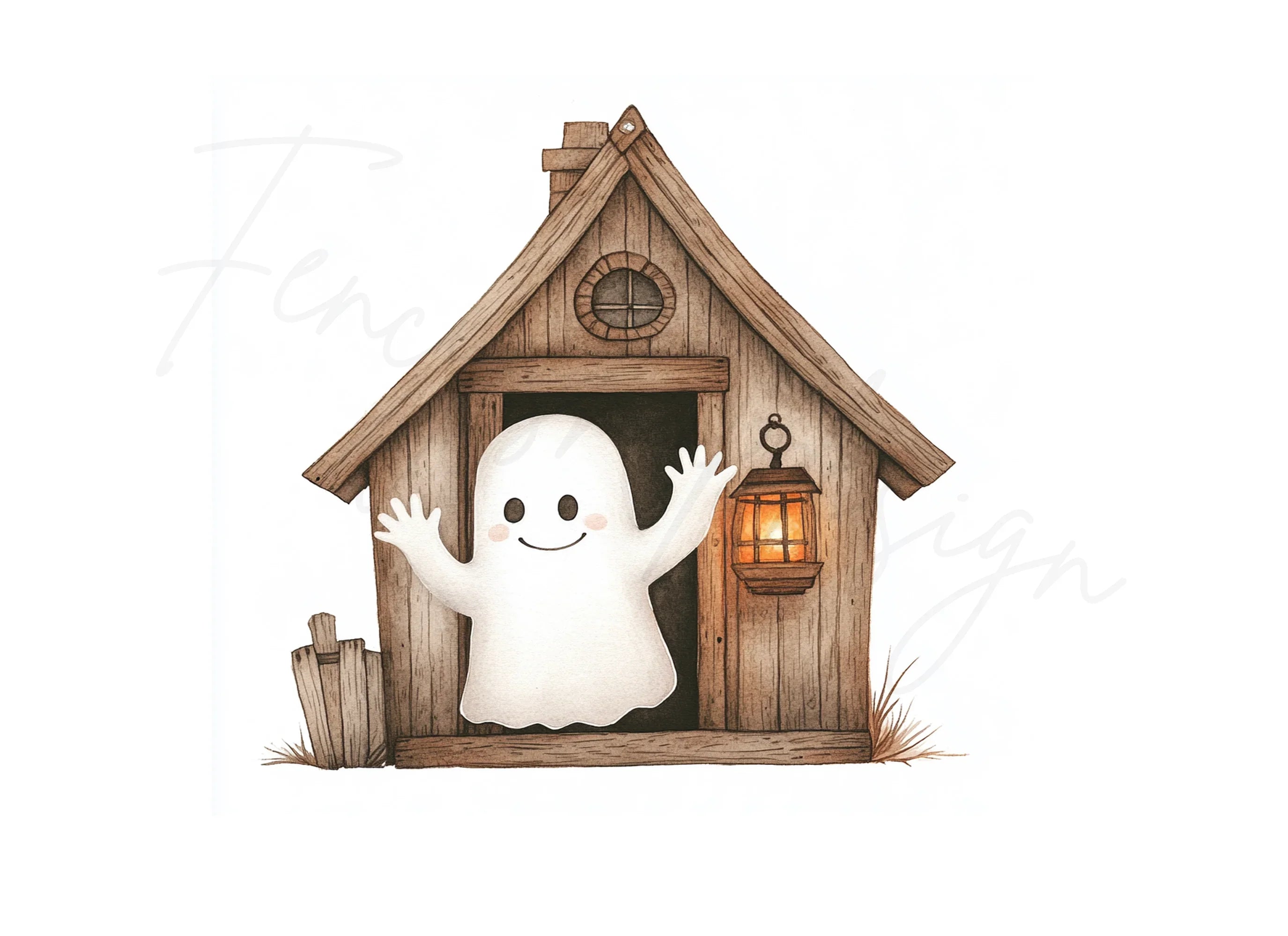 Cute Ghost in Wooden House Clipart Bundle