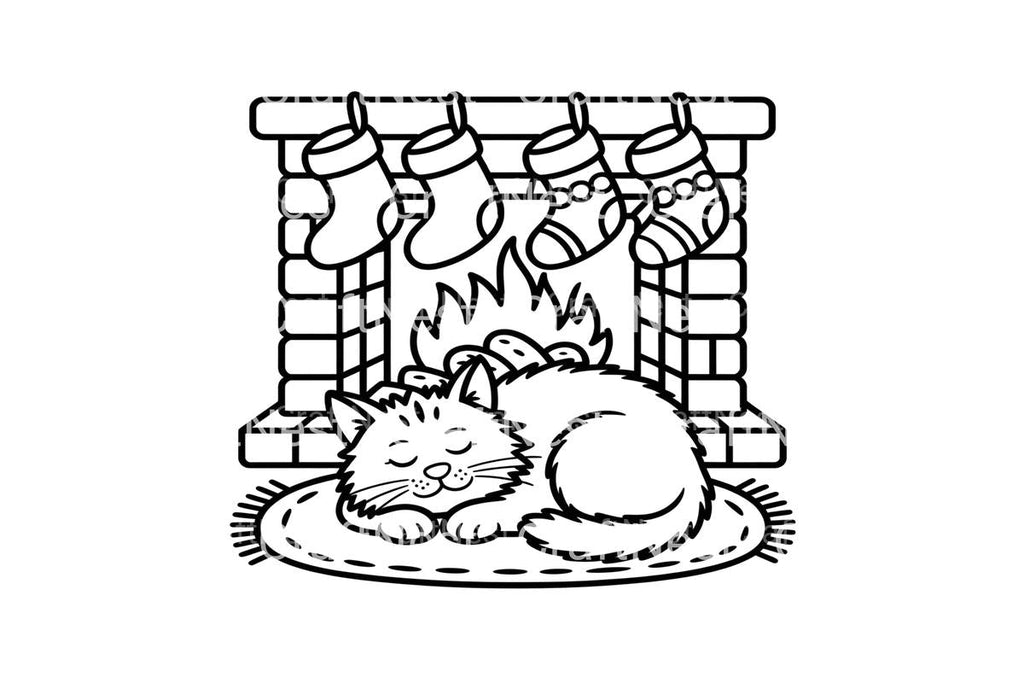 Christmas Fireplace Cat Coloring Books