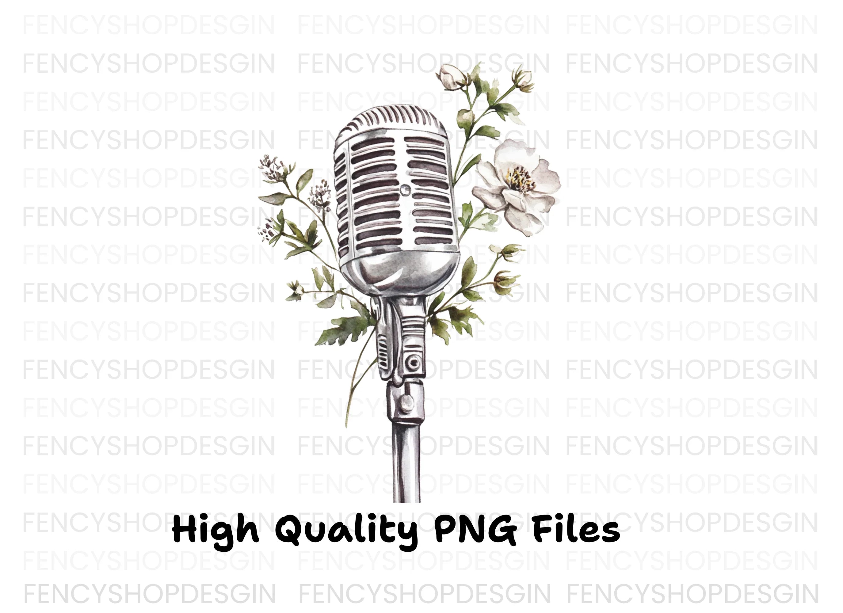 Retro Microphone with White Flowers Clipart Bundle