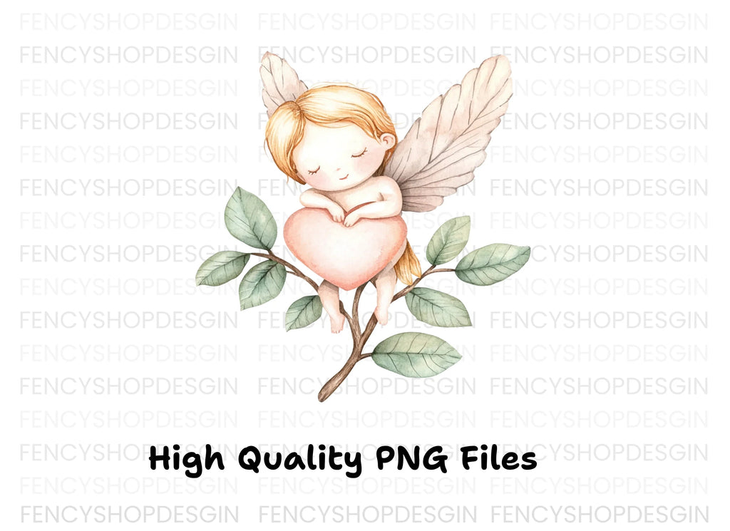 Baby Angels on Branches with Hearts Clipart Bundle
